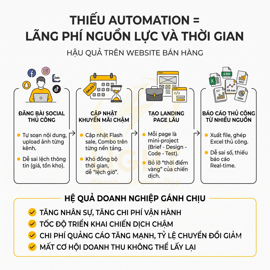 Thiếu automation gây lãng phí nguồn lực thời gian trong quản lý website bán hàng và marketing online